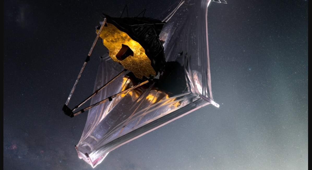 An illustration of the James Webb Space Telescope as it peers at the cosmos from its distant outpost