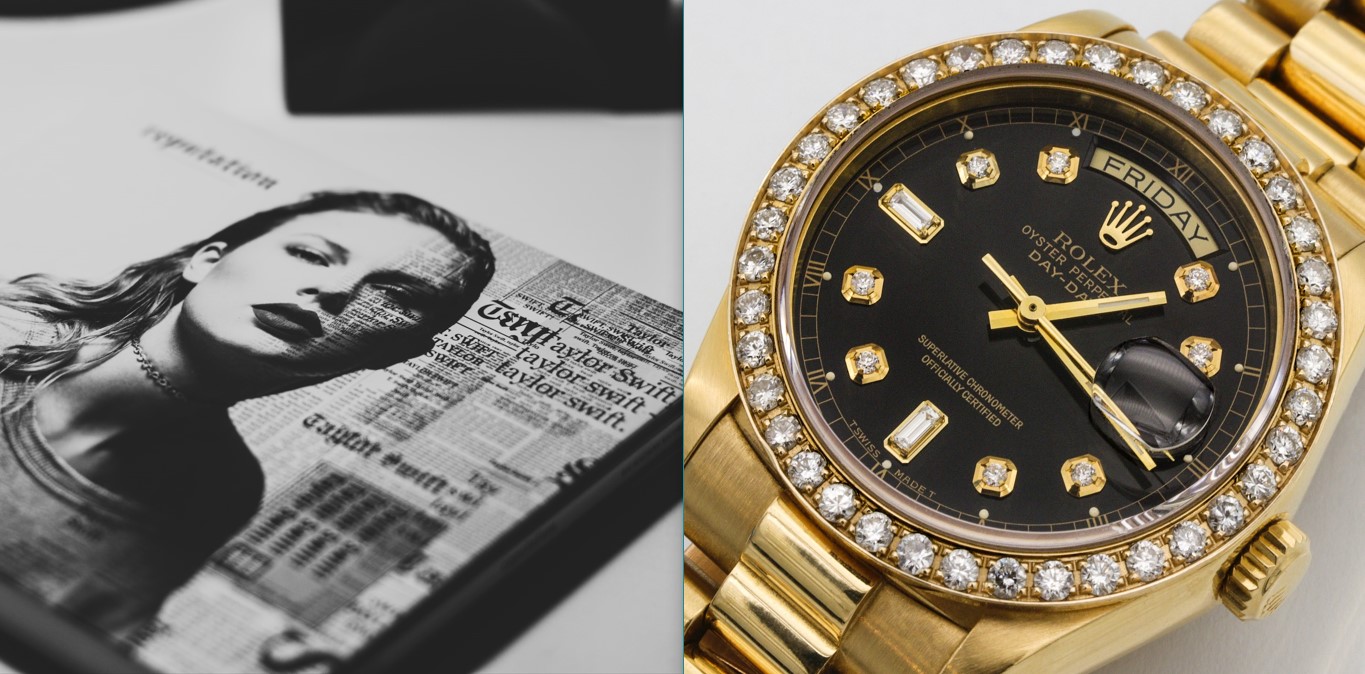 A black-and-white cover of a Taylor Swift album; a yellow gold Rolex with diamond bezel and diamond markers