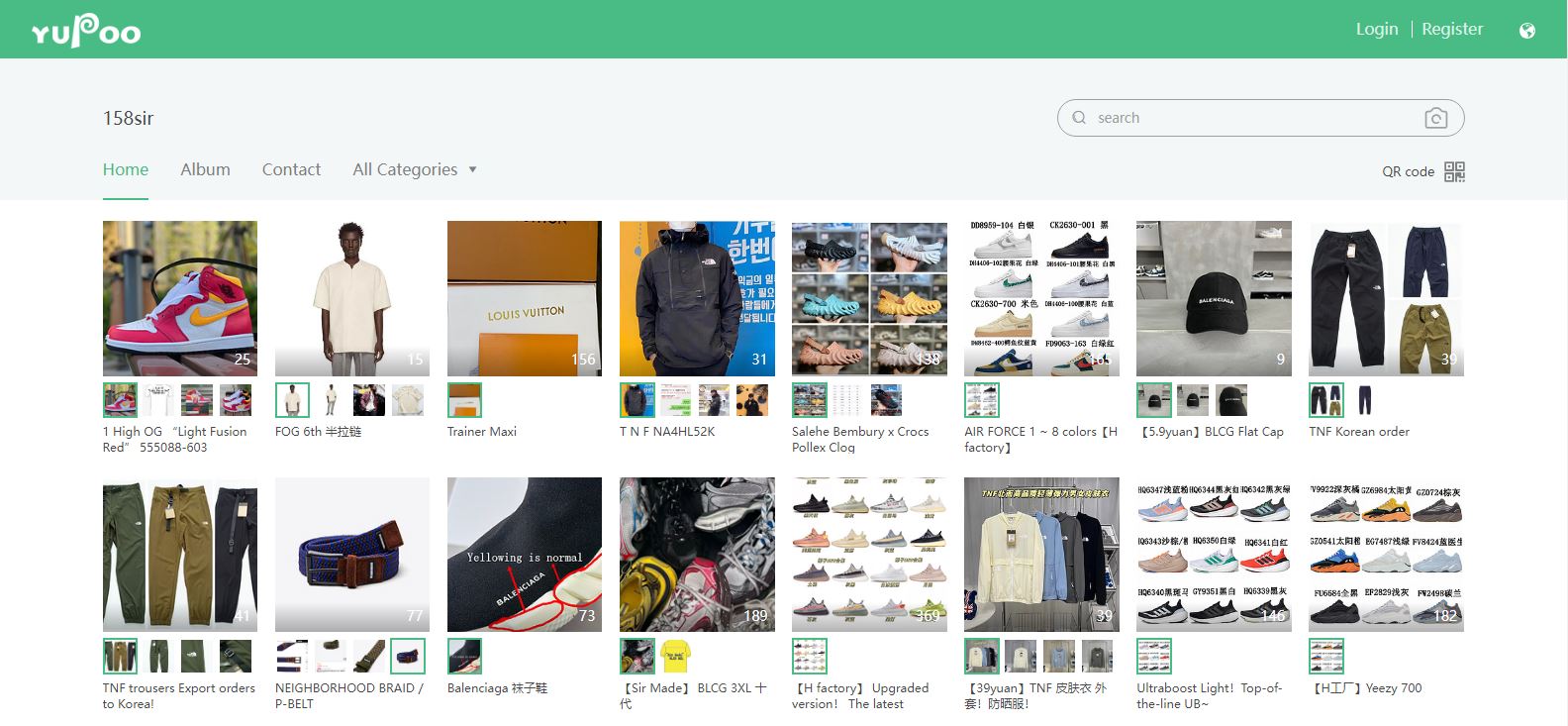 Screenshot of 158Sir Yupoo website showcasing multiple rows of replica clothes and sneakers