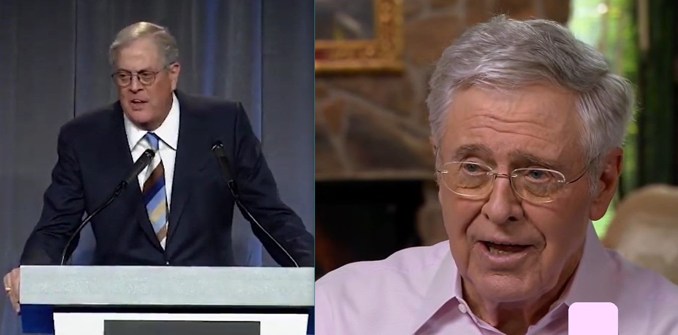 David Koch in a dark suit talking behind a podium; Charles Koch wearing clear eyeglasses and pale pink polo