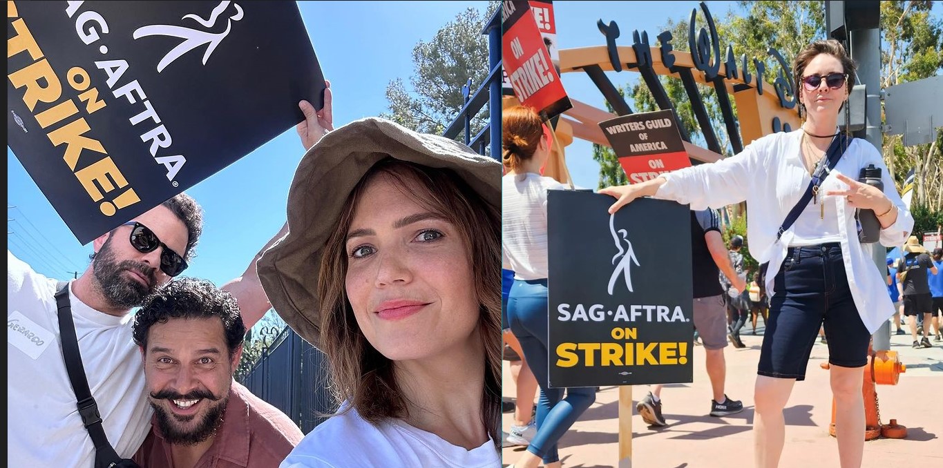 Many Moore with two men at the SAG-AFTRA strike; Whitney Morgan Cox holding a ‘SAG-AFTRA on Strike’ placard