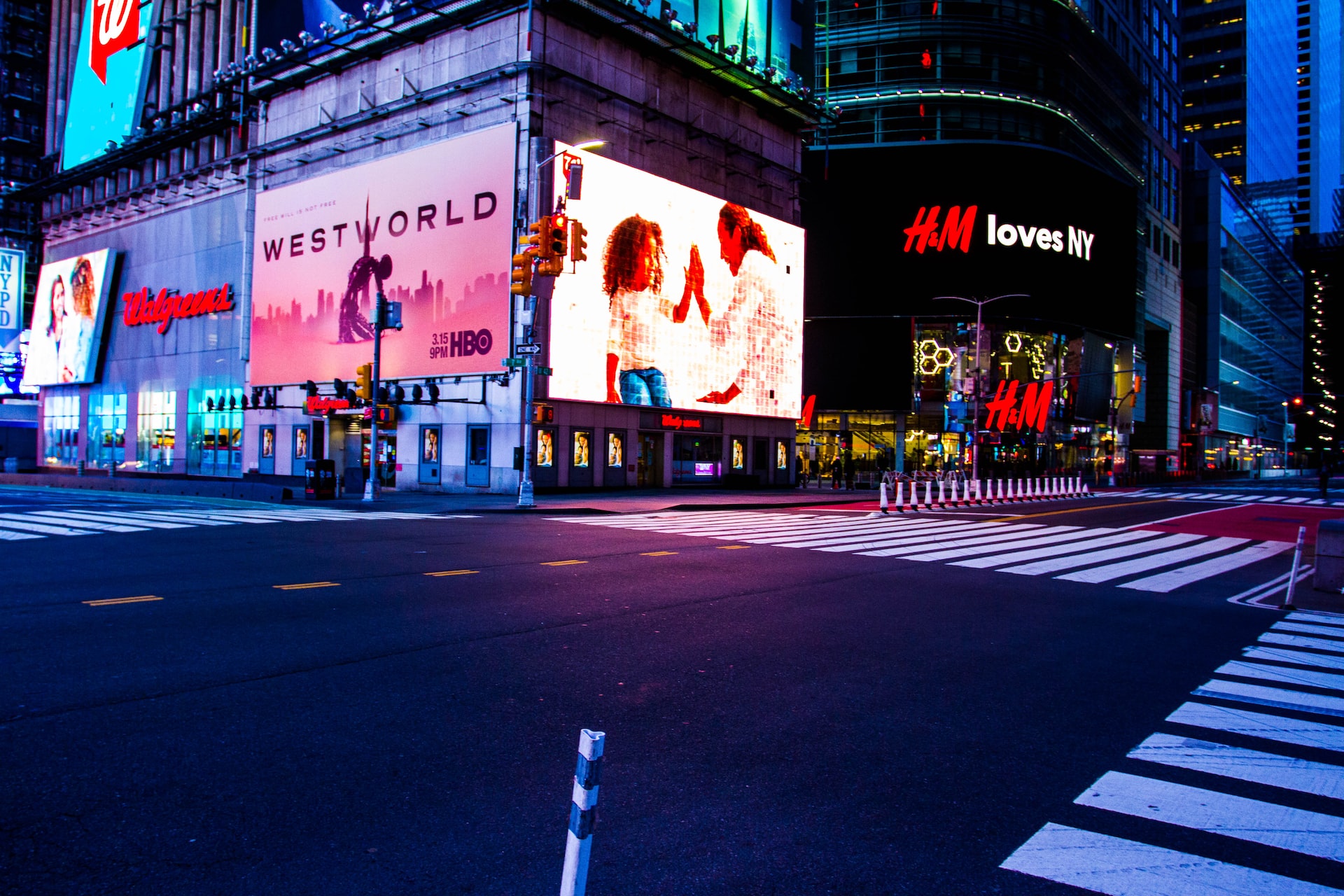 An empty Times Square at nighttime during the coronavirus lockdown in New York City