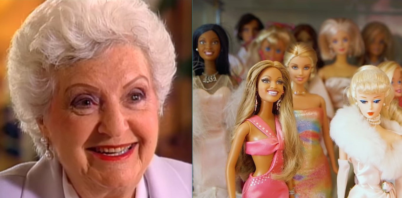 A beaming Ruth Handler with gray hair and in light purple blazer; a set of Barbie dolls