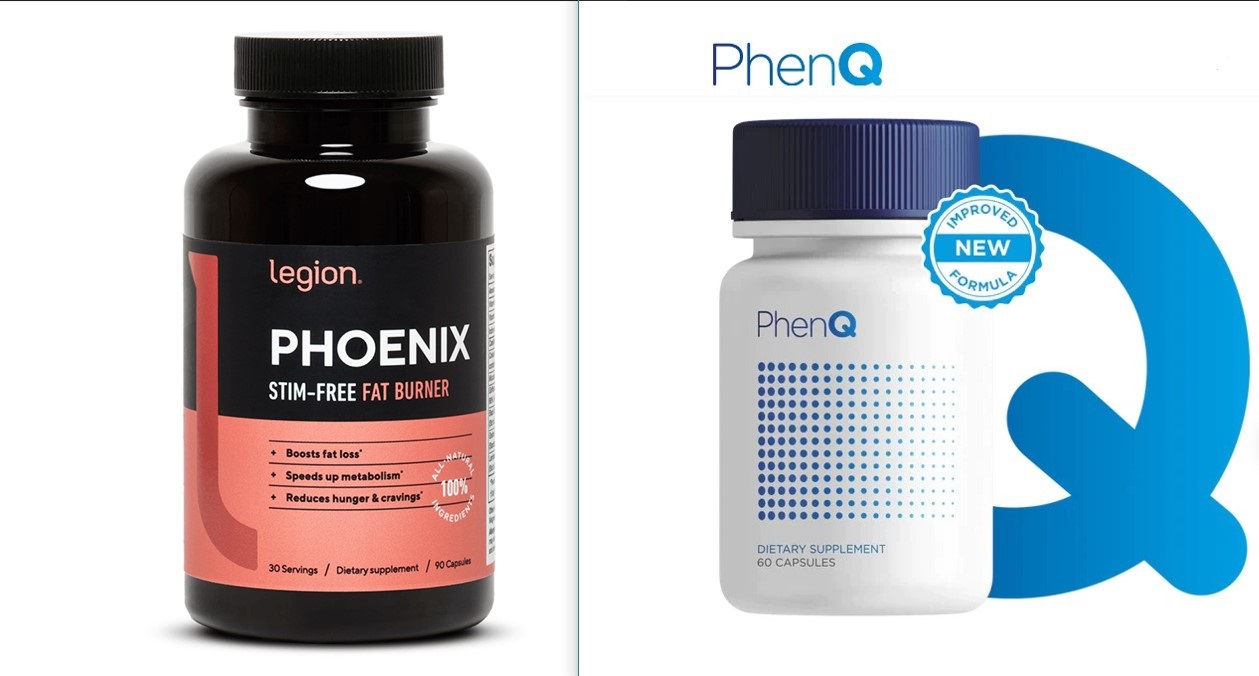 A black plastic bottle of Legion Phoenix Stim-Free Fat Burner and a white plastic bottle of PhenQ