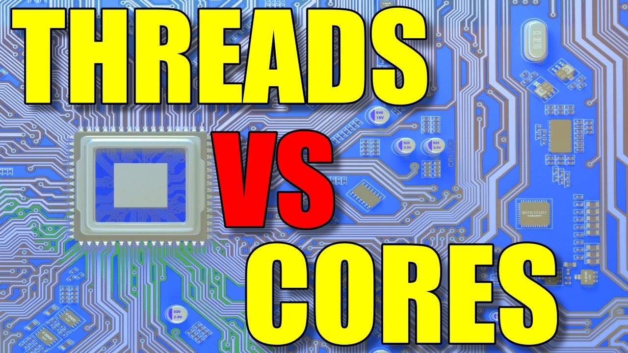 Photoshopped cover for threads and cores in yellow font color and a motherboard of integrated circuits as a background