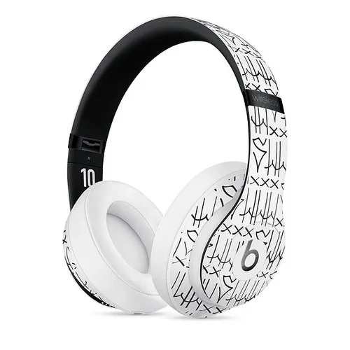Black printed white Beats headphone