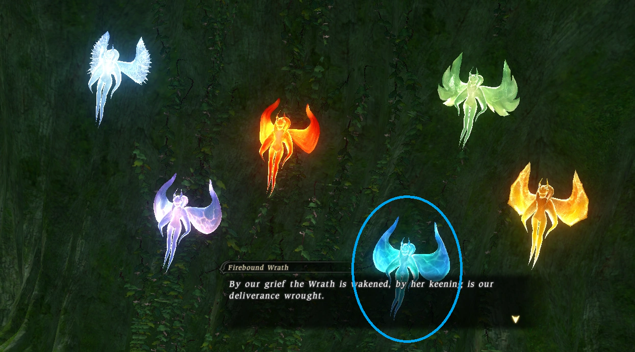 5 different elemental game characters are flying with the blue one encircled.