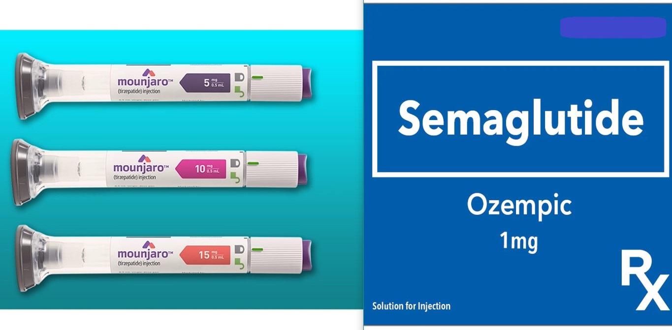 Three Mounjaro tirzepatide injection pens; a blue label of semaglutide Ozempic 1 milligram