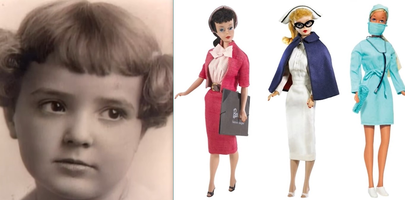 A young Ruth Handler; an office girl Barbie, a nurse Barbie, a doctor Barbie