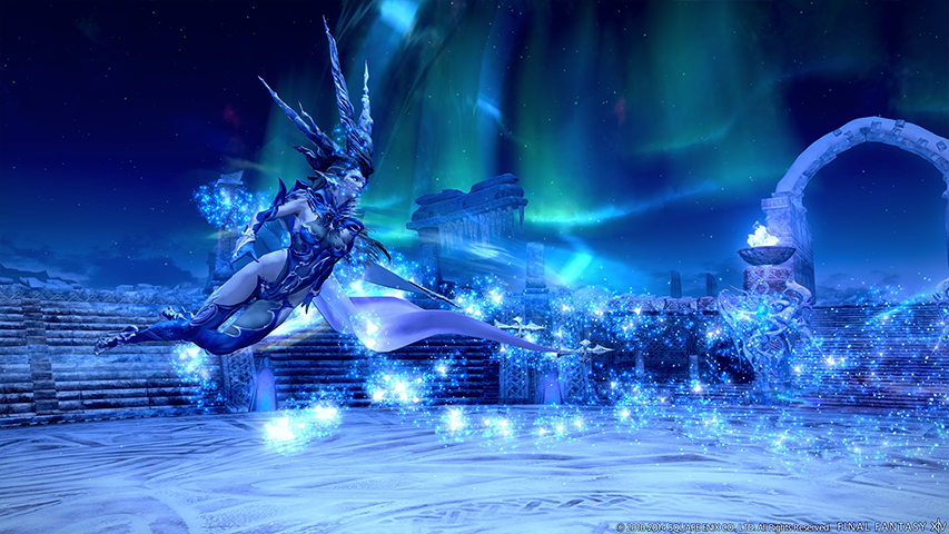 Final Fantasy game character is flying on ice.