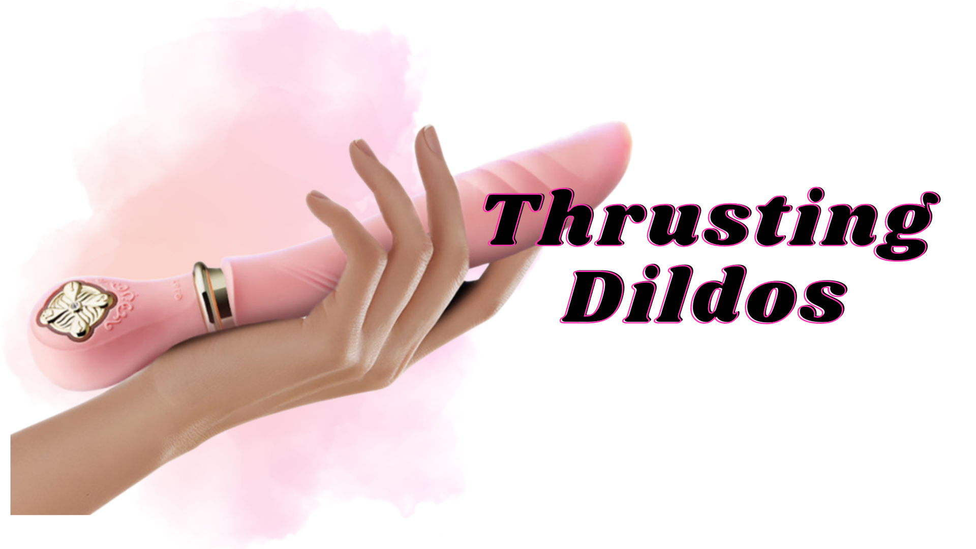 A woman holding a pink Thrusting Dildo