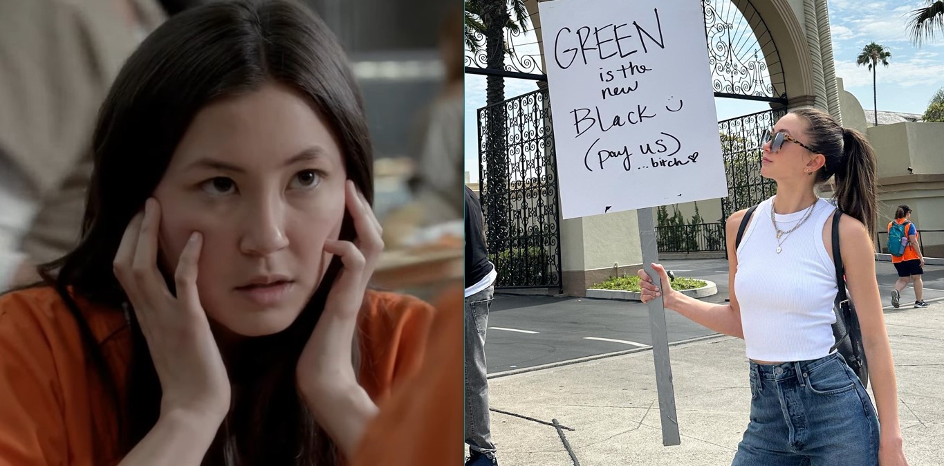 Kimiko Glenn as Brook Soso in ‘Orange Is the New Black;’ Kimiko Glenn holding a placard at the SAG-AFTRA strike