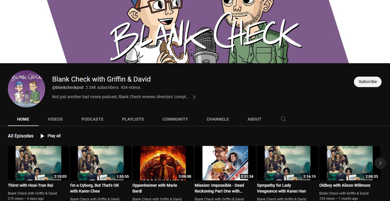 YouTube channel page named Blank Check with Griffin & David