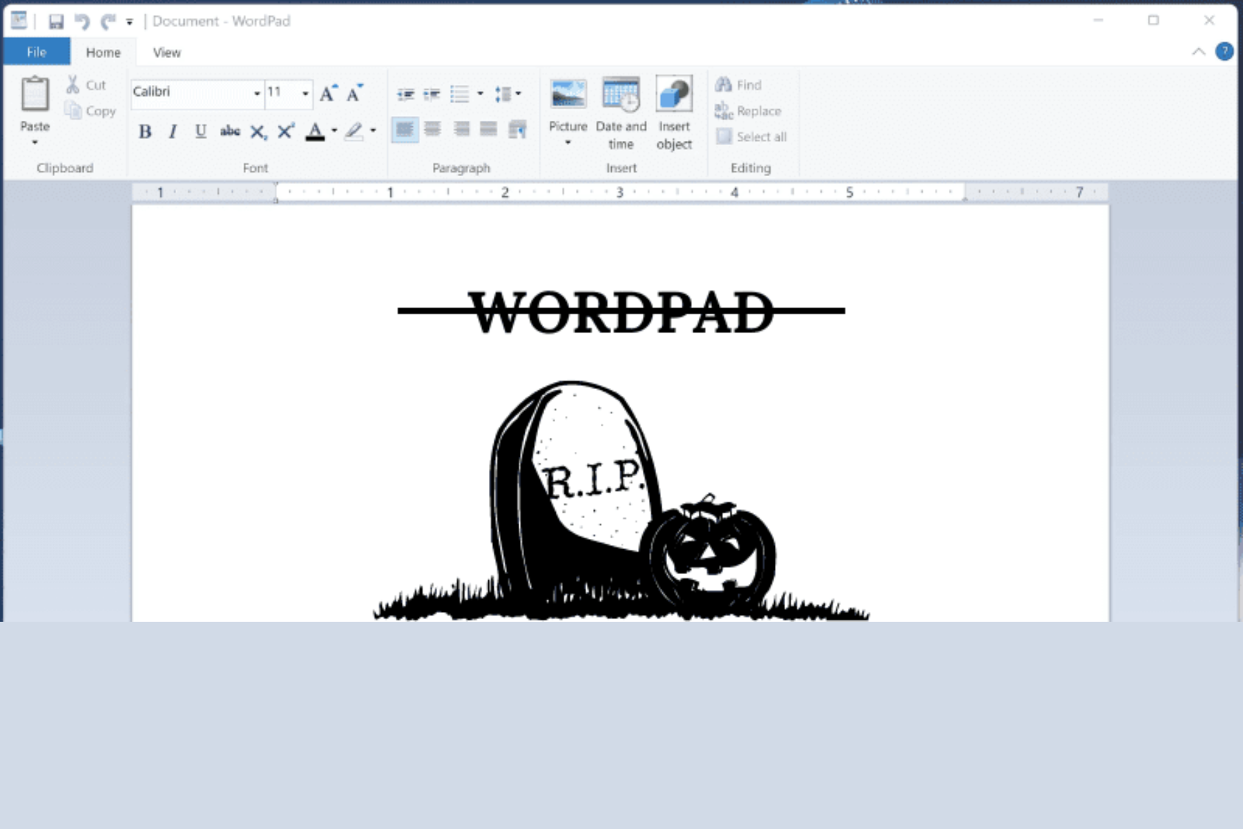 A WordPad page with the word 'WORDPAD' highlighted with a strikethrough and a RIP