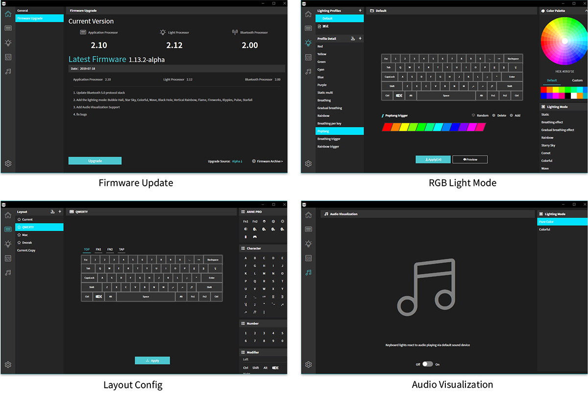 Firmware update interface, RGB light mode interface, layout config interface, audio visualization interface