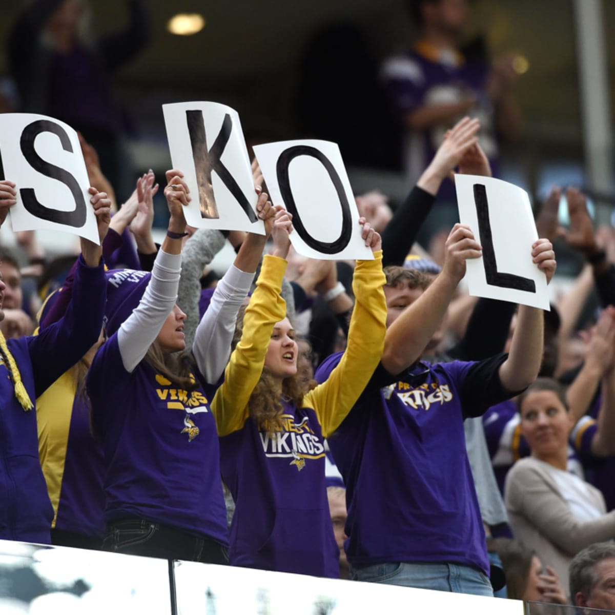 Vikings sports crowd holding the sign that says SKOL