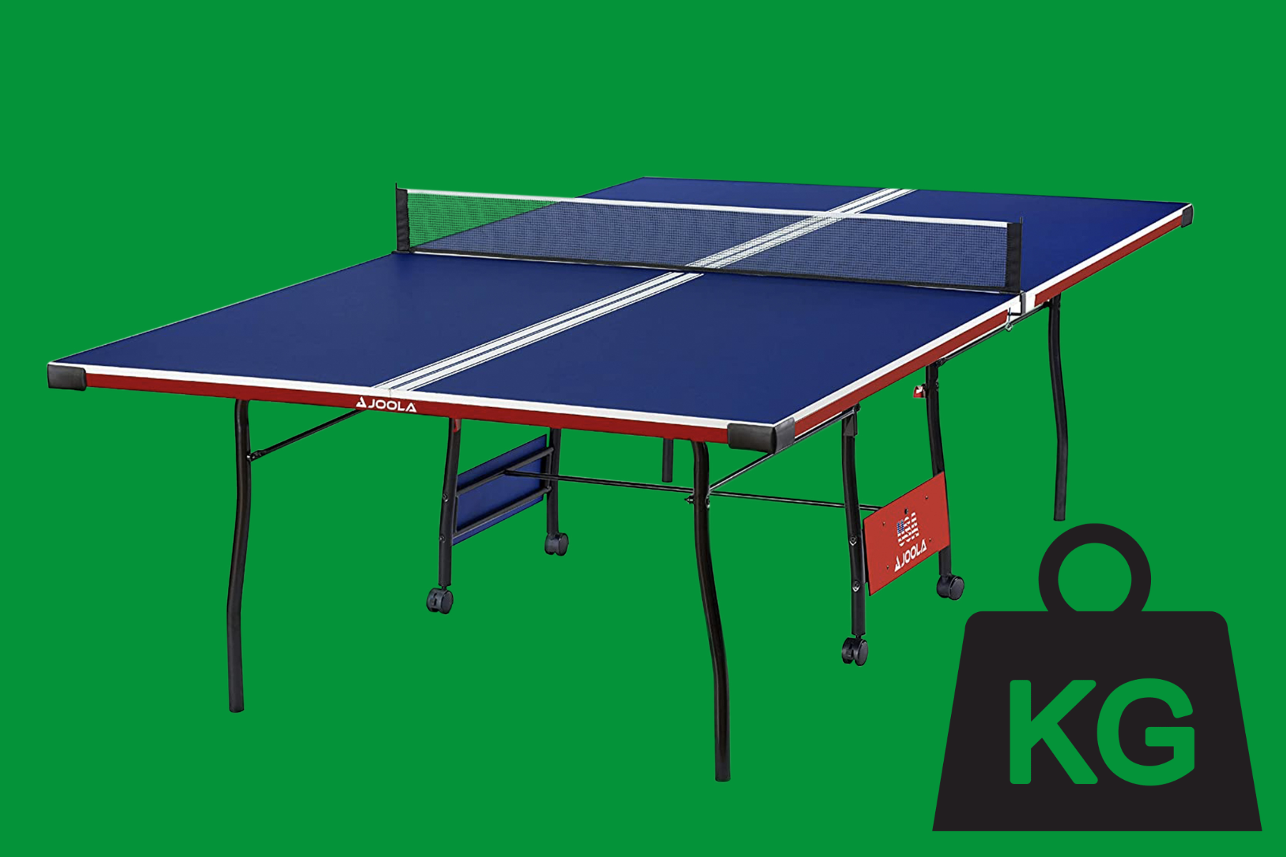 A ping-pong table in blue on a green background, next to a KG weight
