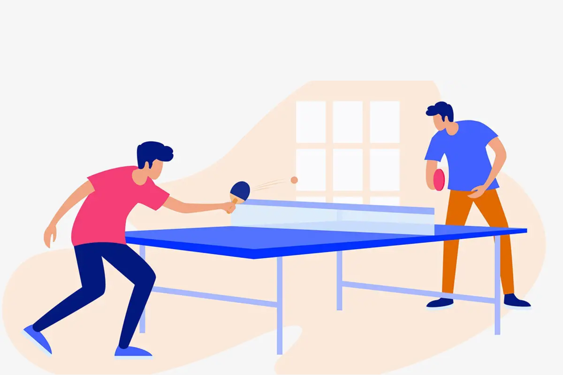 Two men are playing ping-pong on a ping-pong table in a room