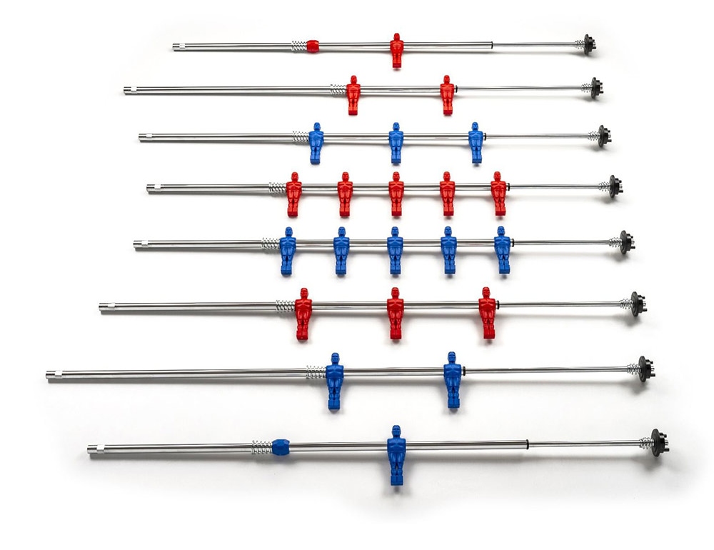 Red and blue Foosball men on rods