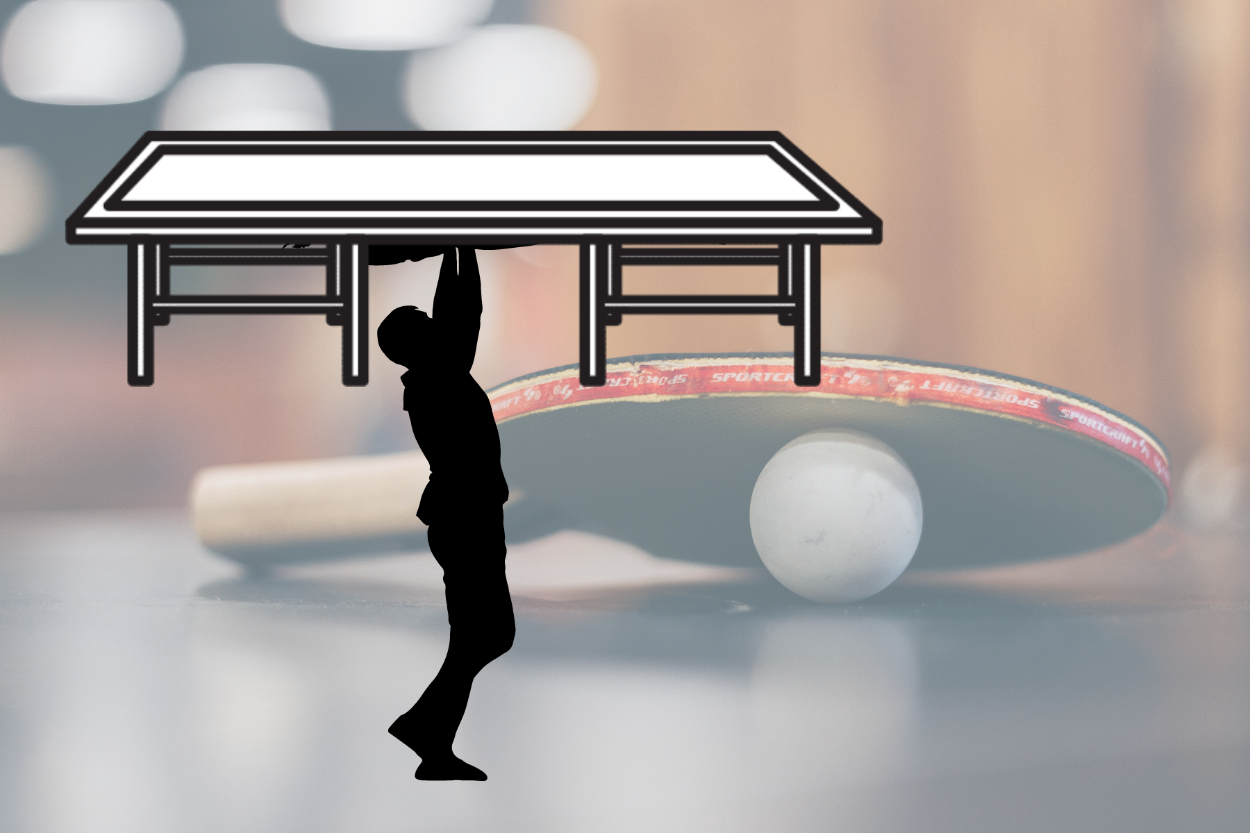 A man's shadow lifting a ping-pong table