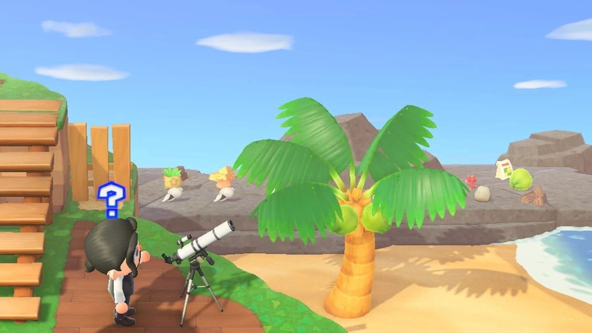 Game player using a telescope foe checking the weather, tree,ocean and stones in the background