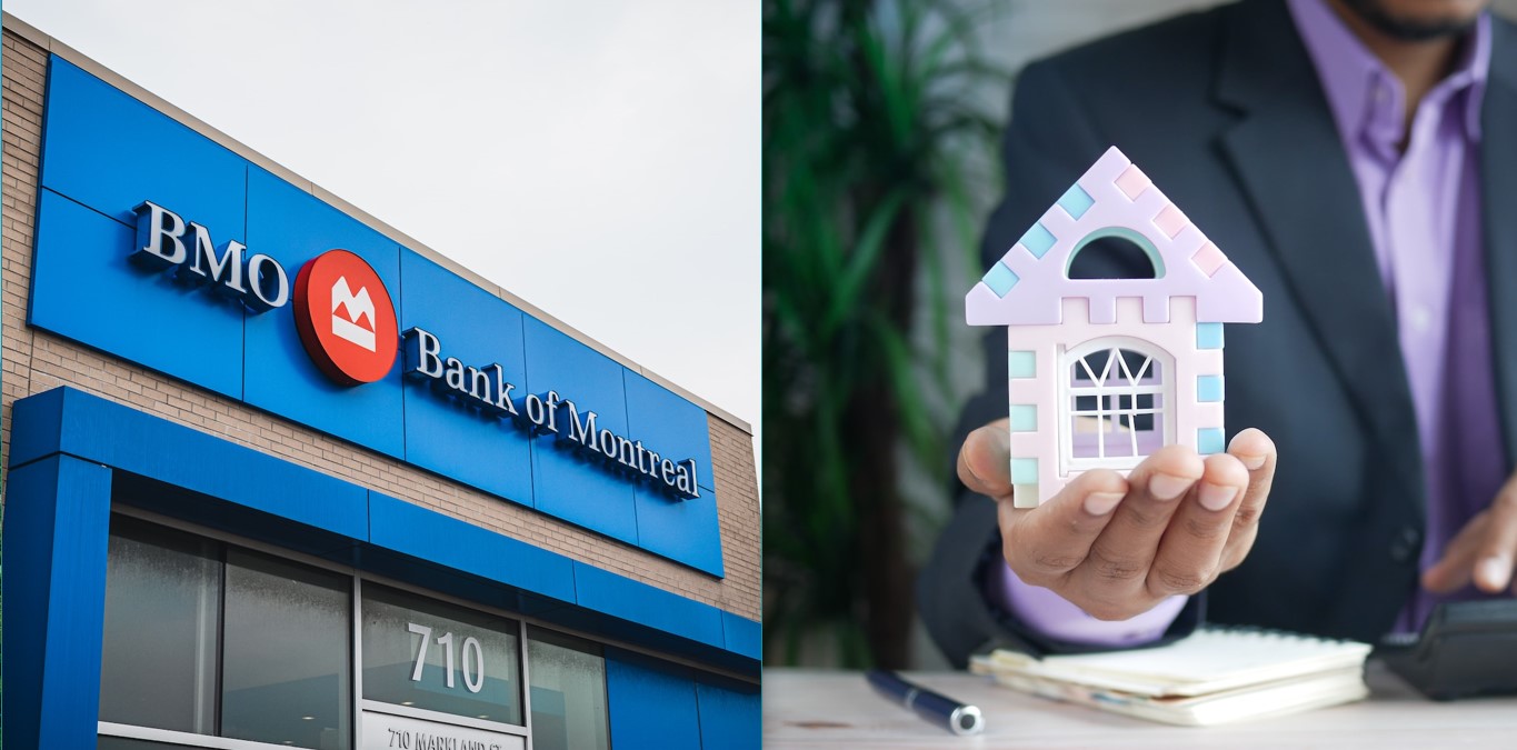 Signage of BMO - Bank of Montreal; a miniature house on a male mortgage broker’s palm