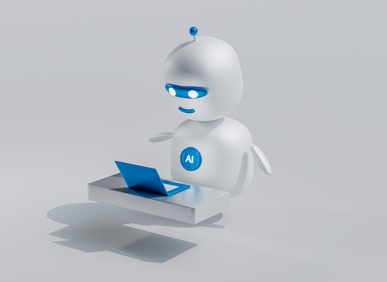 A visual representation of a white AI robot checking information from a blue laptop