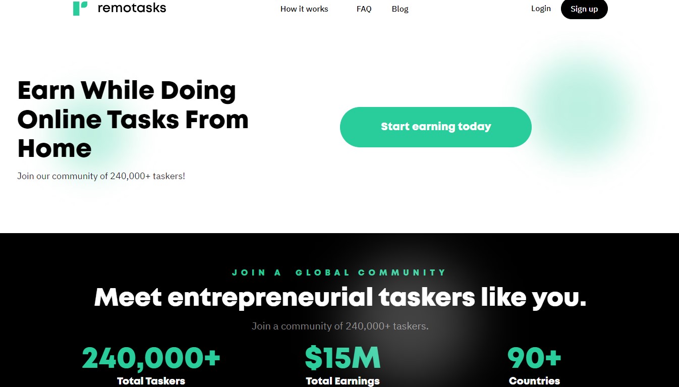 Homepage of Remotasks in black, white, green colors and text only