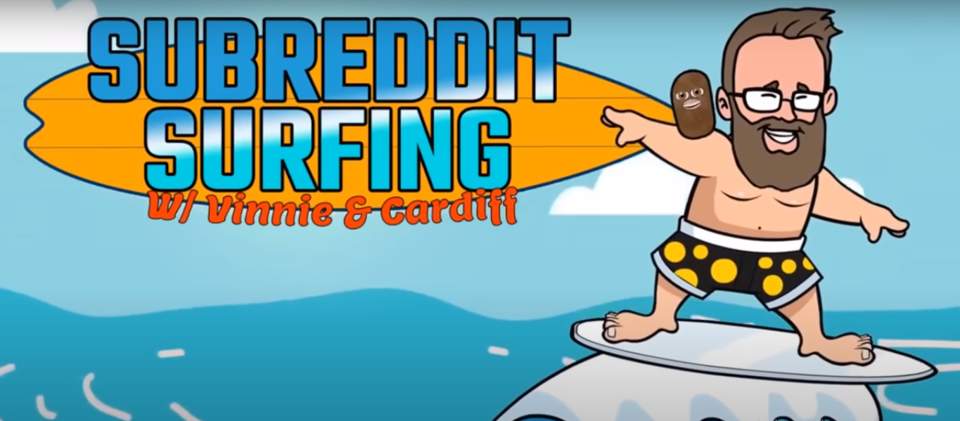 Cartoon character surfing in sea with title subreddit surfing