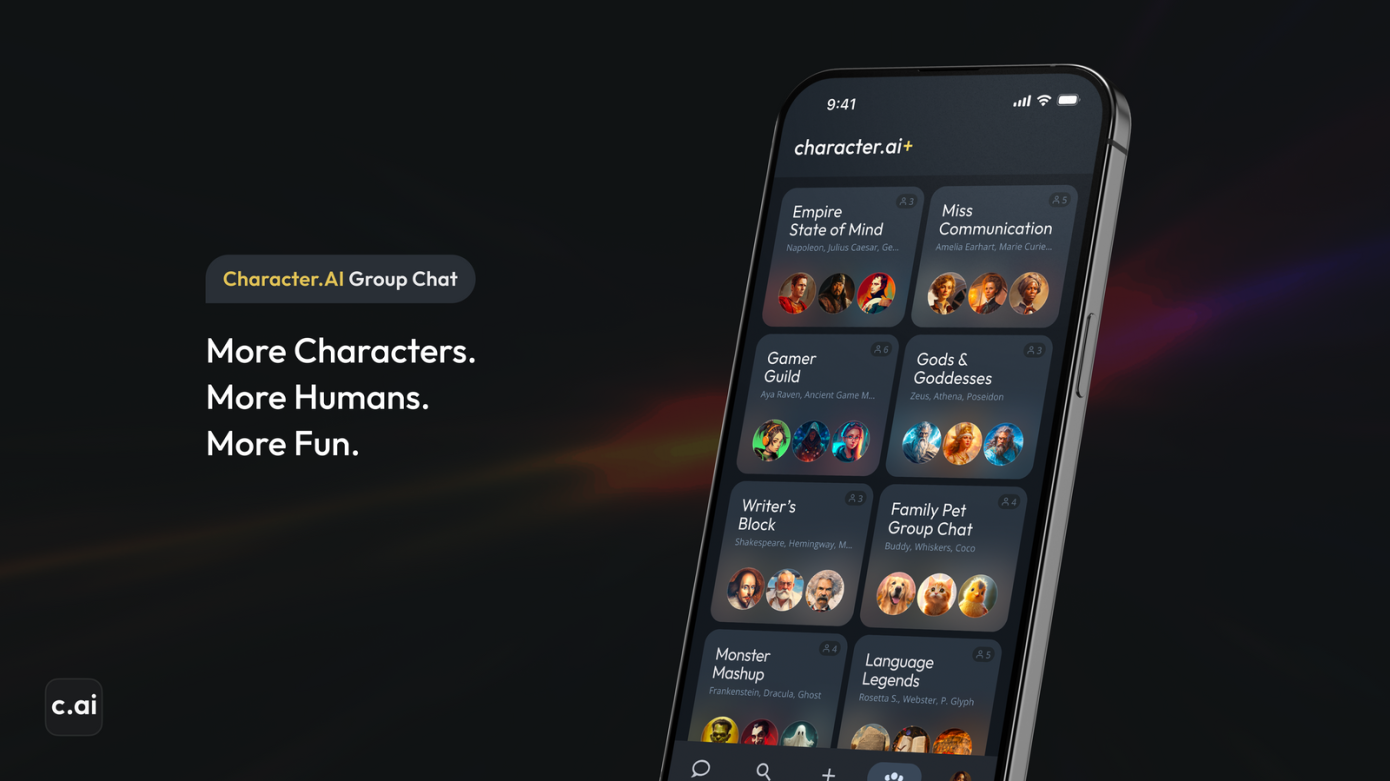 Mobile phone with Character.AI Group chat screen