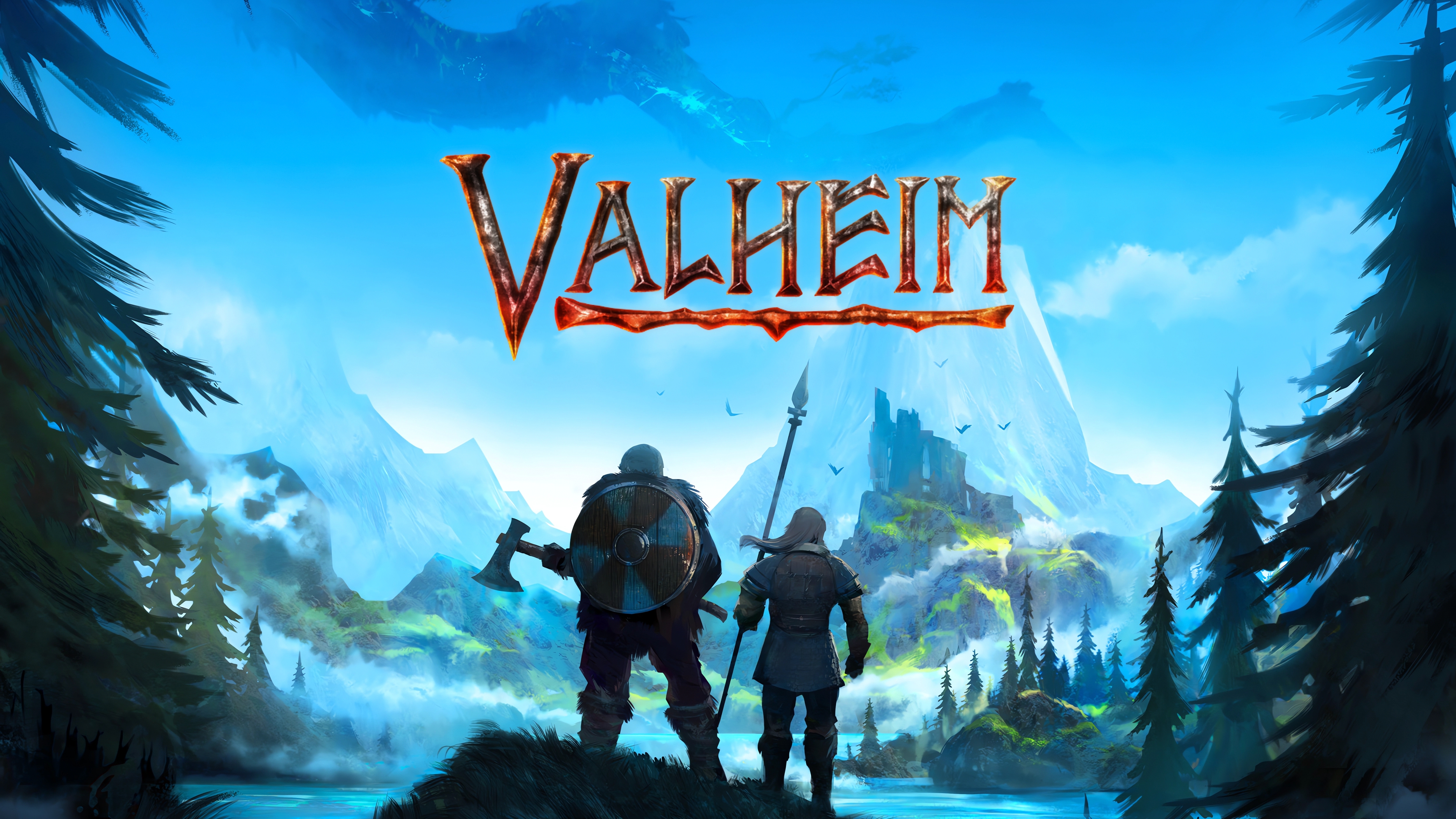 Valheim game's two character holding their weapons in game preview