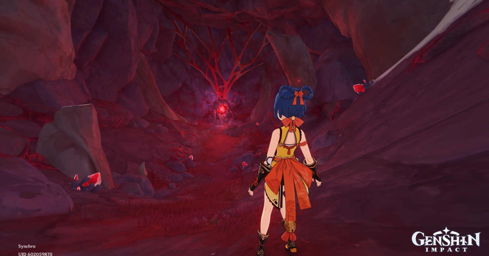 Girl anime character in horrible cave standing in front mysterious monster
