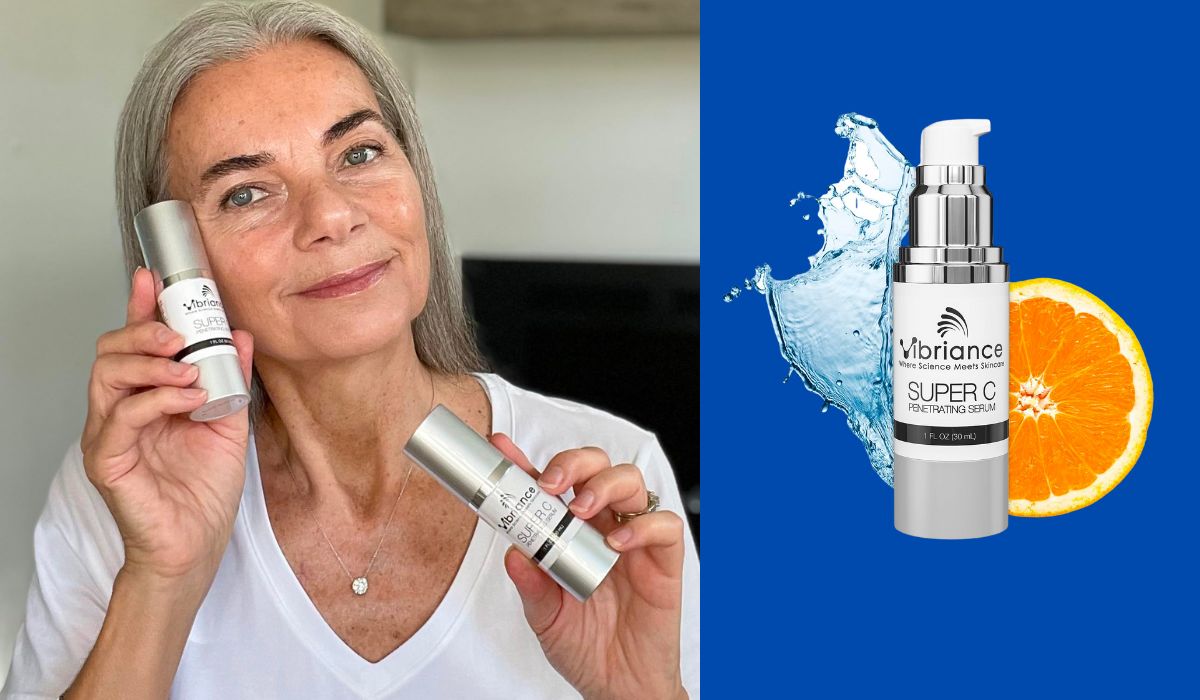 Old lady holding vibriance super c serum showing the effective results