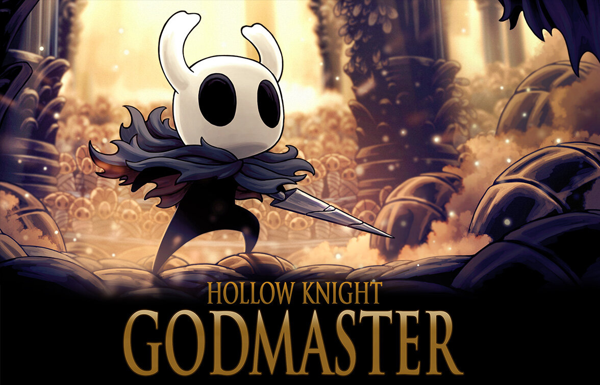 Hollowknight player holding a sword and posing, hollow knight godmaster written