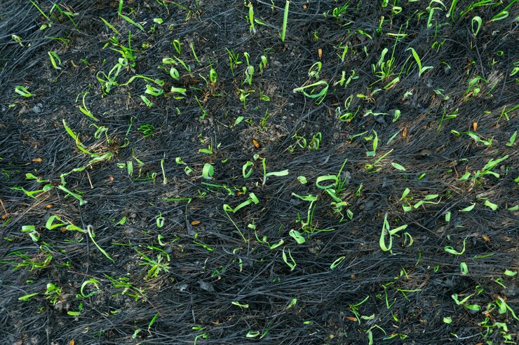 Plants grown in a field containing fire burned ash