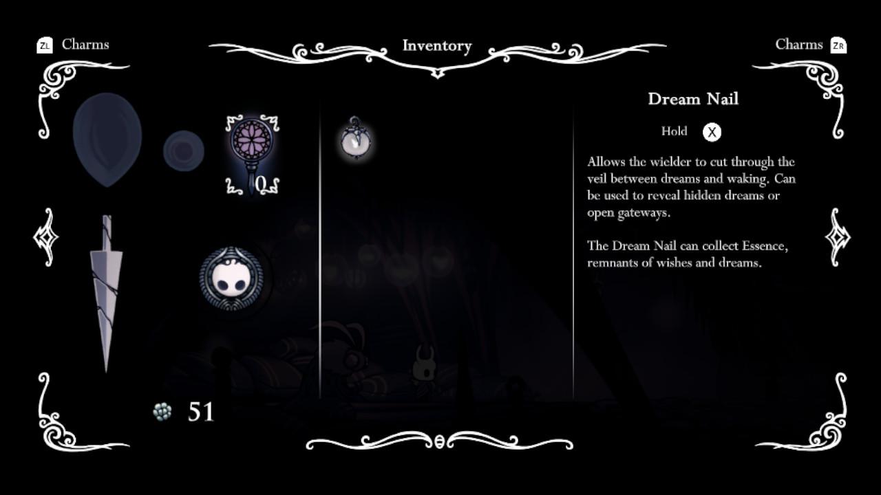 Showing the awoken dream nail in the inventory in hollow knight