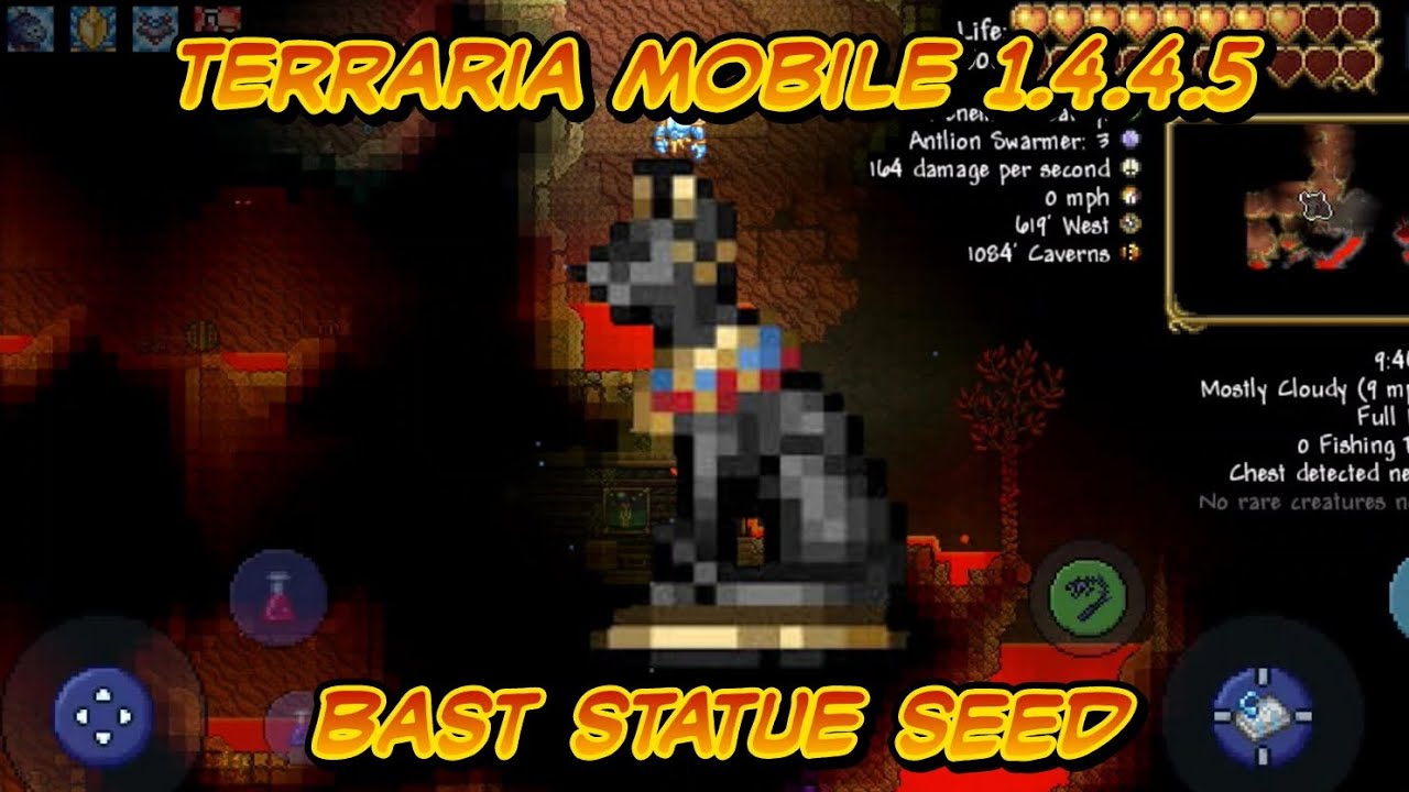 Terraria mobile 1.4.4.5 and bast statue seed written, bast statue and its specifications in the background