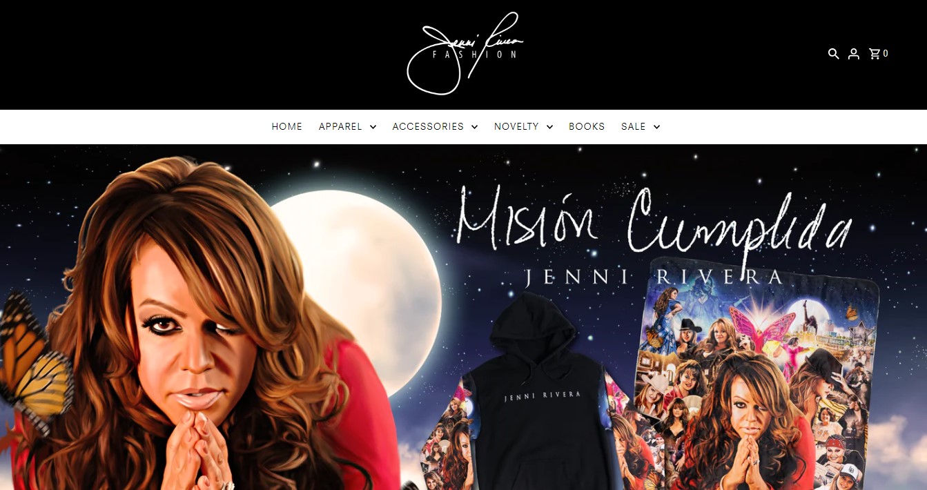 Homepage of Jenni Rivera Fashion in dominant black, with her on a painted album cover of ‘Mision Cumplida’