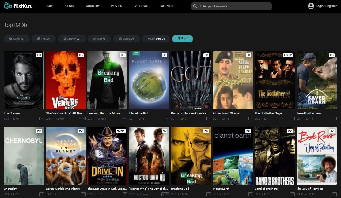 Flixhq webpage showing the Top IMDb and some of the top-rated series and movies