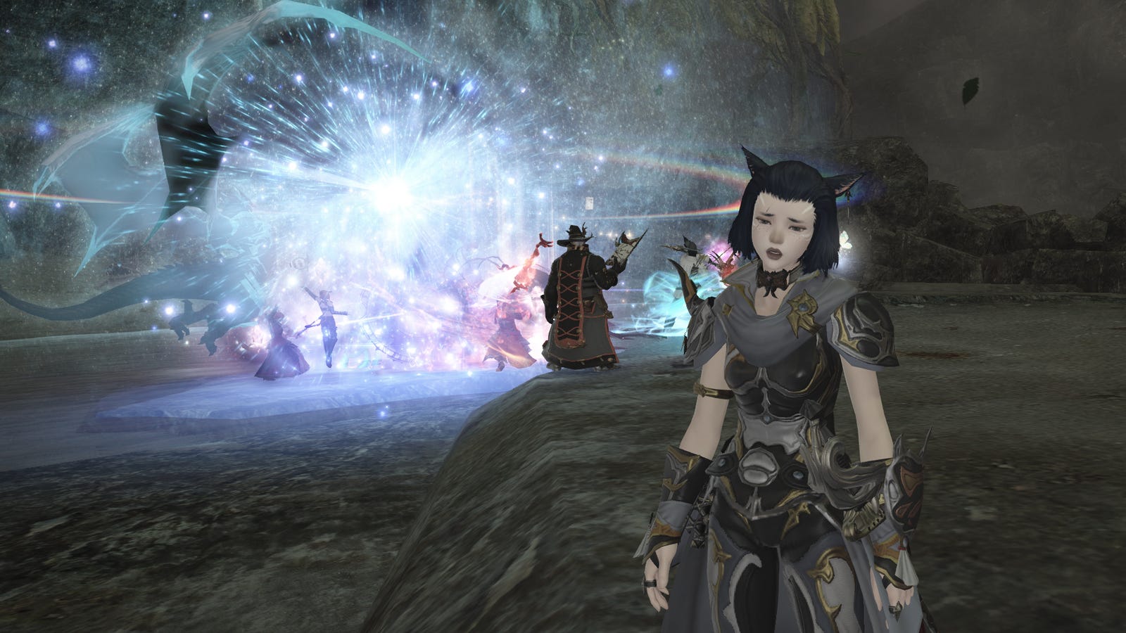 FFXIV female character standing in front with a magical blast in the background
