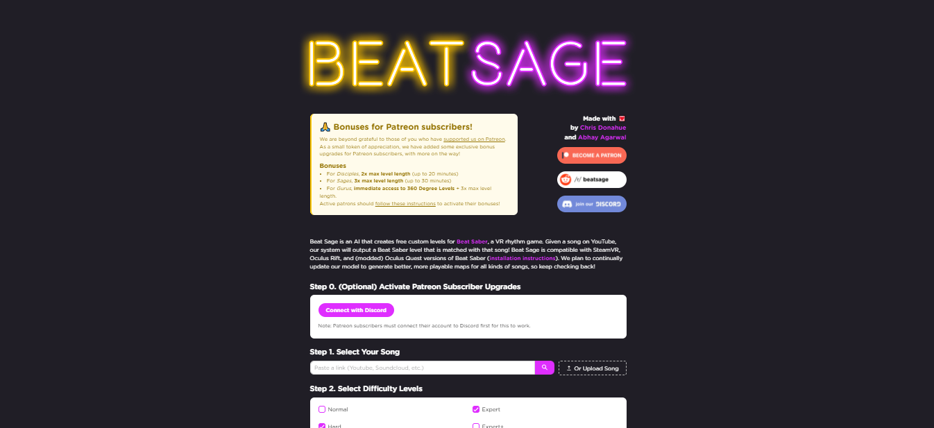 Screenshot of beatsage website