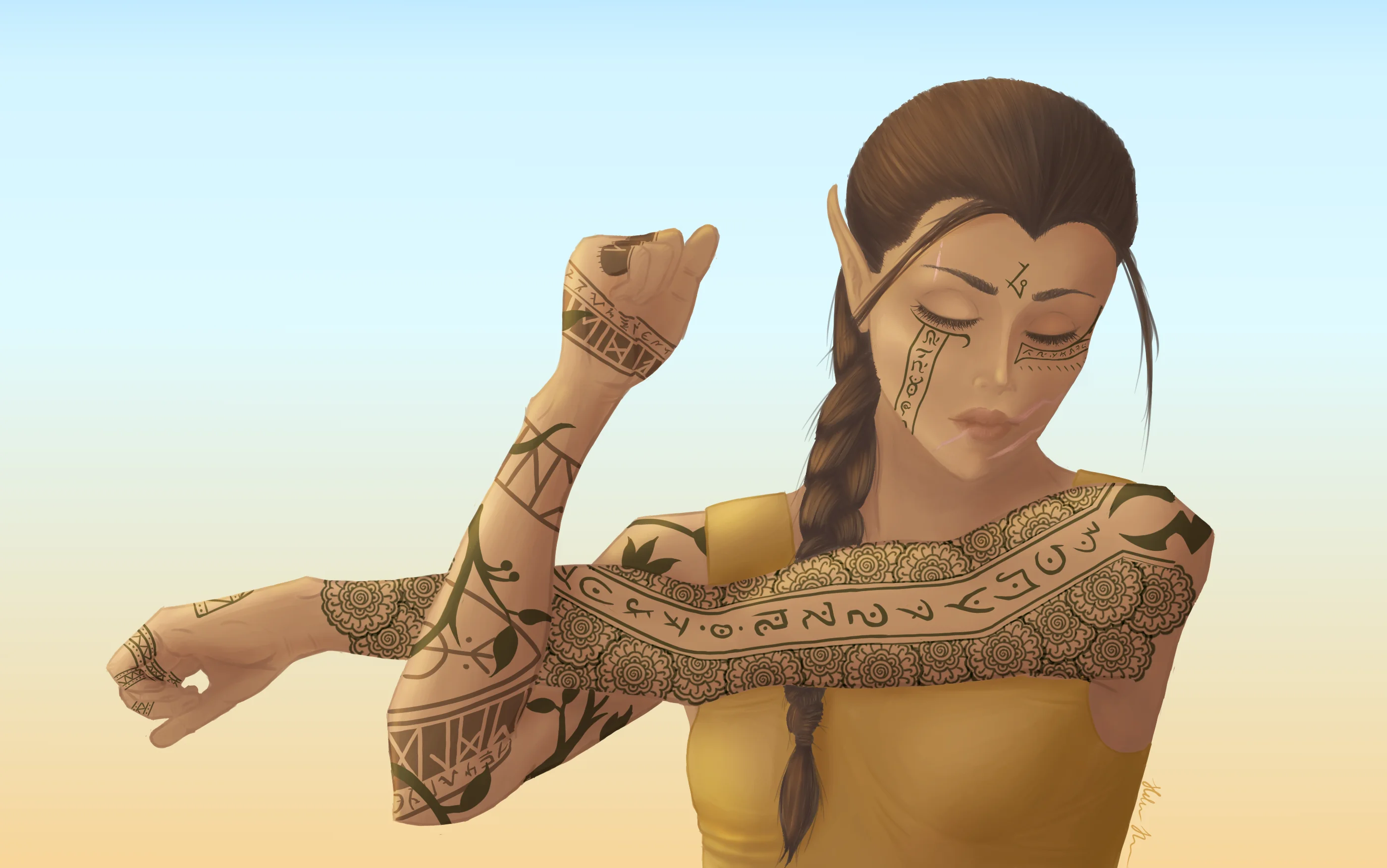 Girl with tattooed arms and face doing stretch