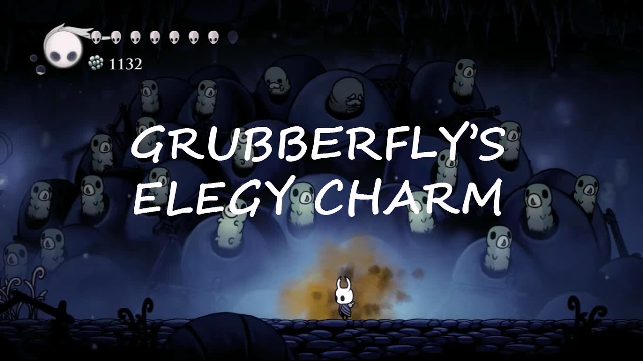 Grubberfly's elegy charm written on the picture of the hollow knight game