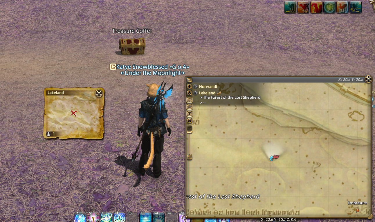 Character in final fantasy XIV standing in front of some treasure with timeworn gliderskin map on the bottom right