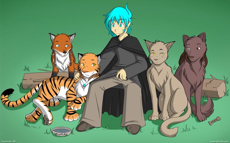 Four animal character sits with human character