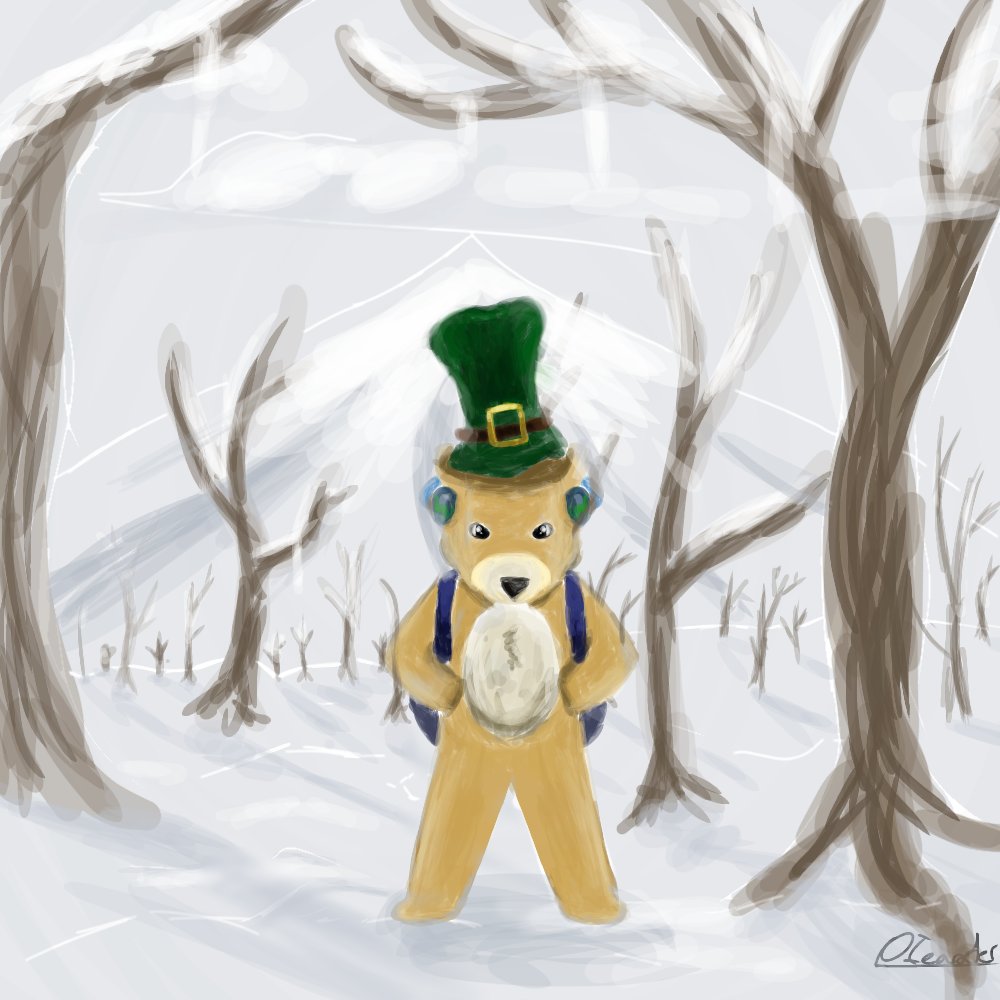 An animated dog wearing a green hat standing in a winter scenery
