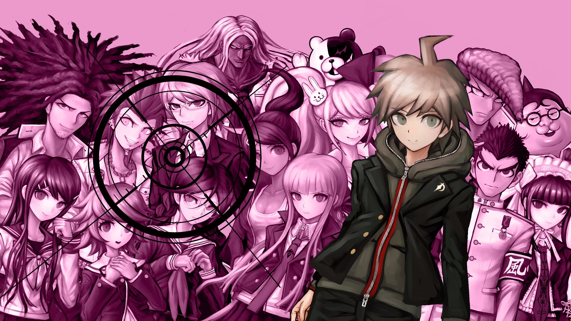 Danganronpa characters in the background under an aim, one boy character standing on the front