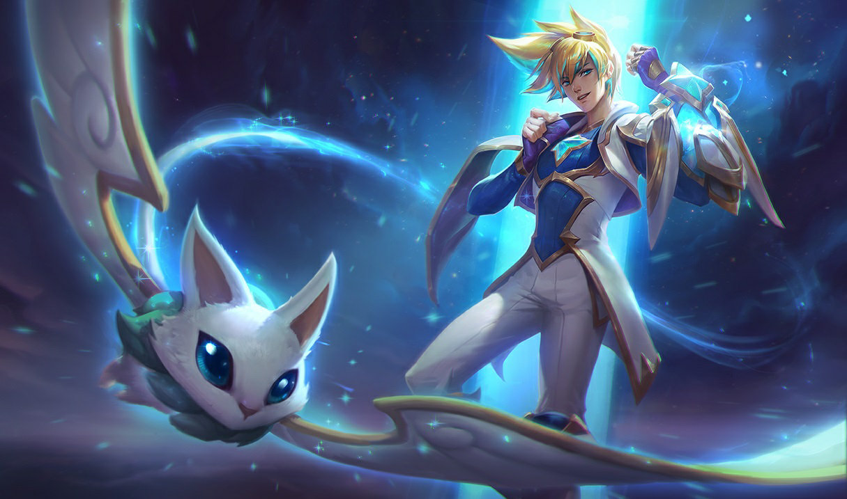 Ezreal posing with his flying mythical creature