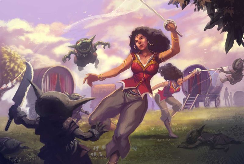 Picture of two varisian women fighting small creatures with sword