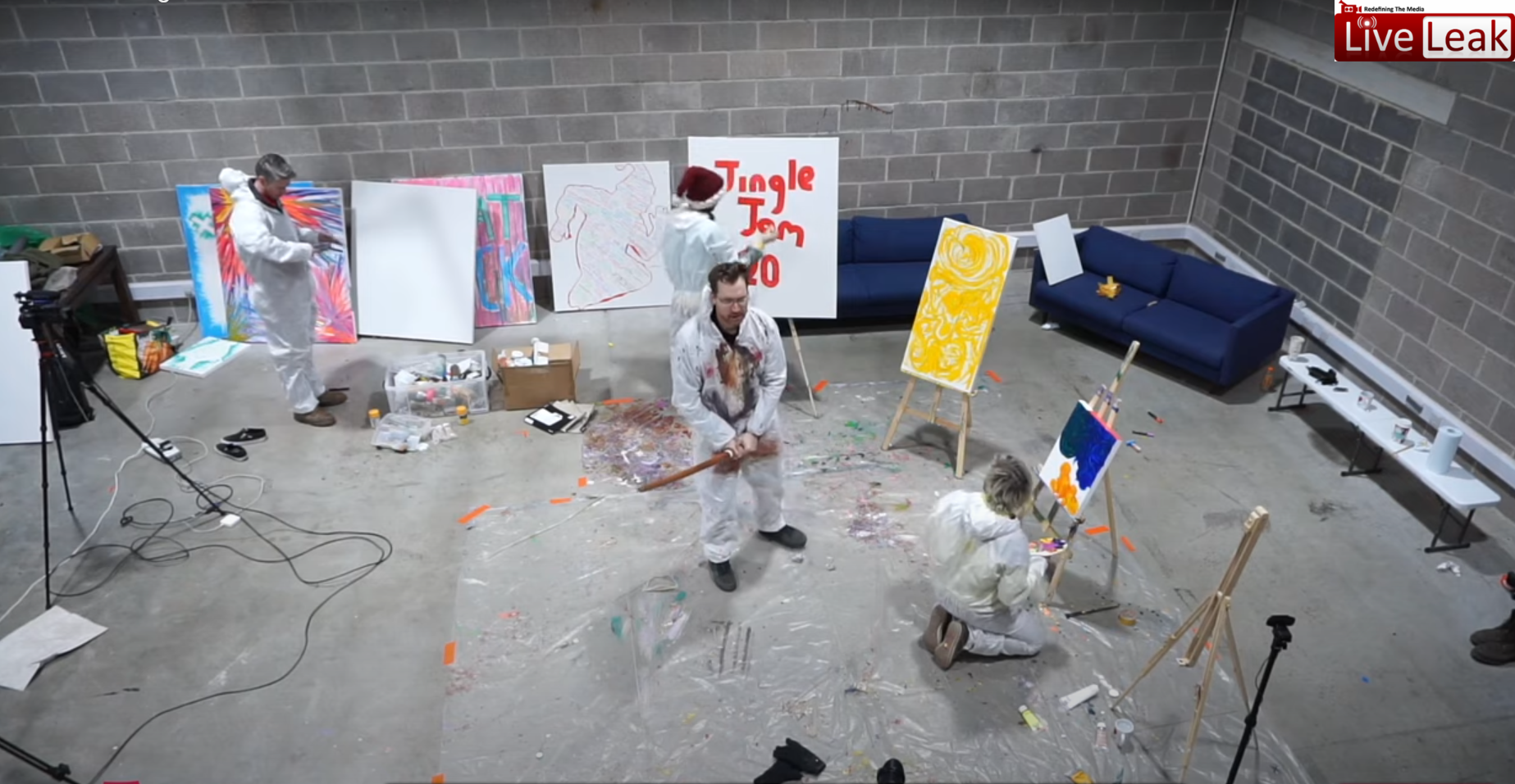 Four person wear white dresses and doing painting in room